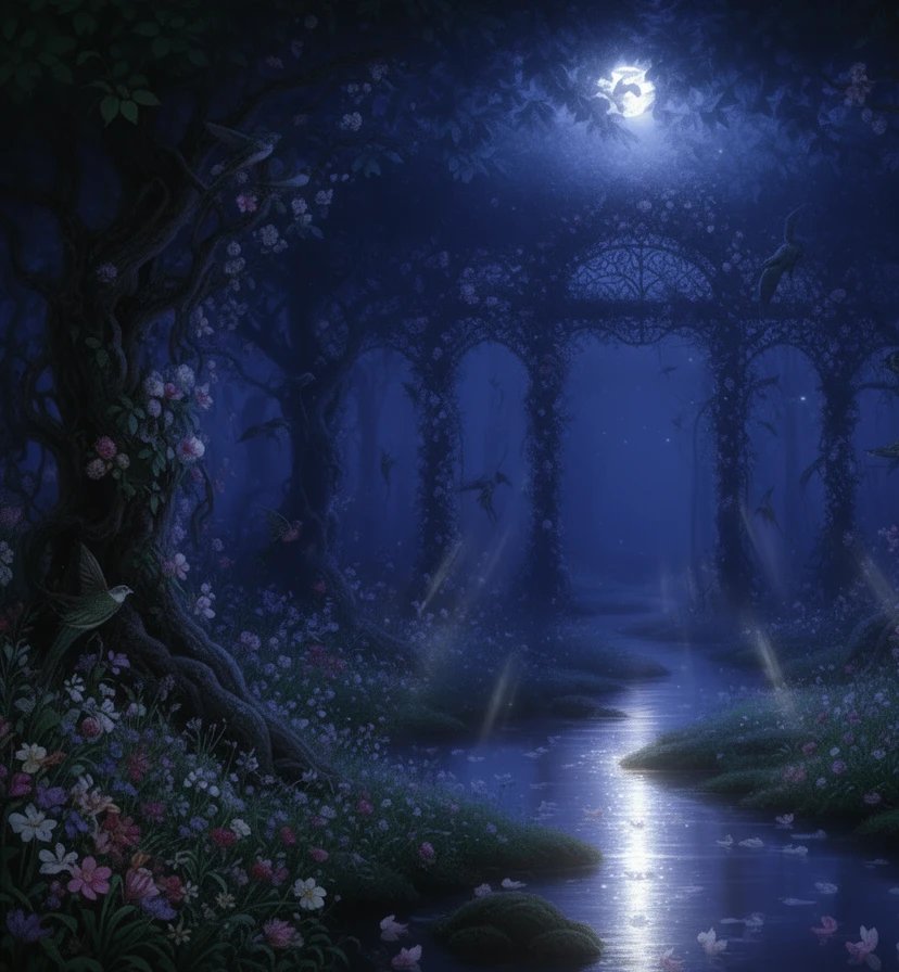 Sacred art - moonlit forest painting